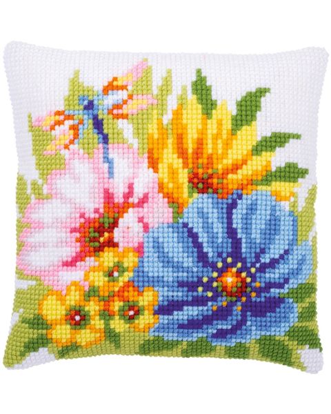 Kleurige bloemen borduurpakket kussen 40x40cm van VERVACO PN-0184985