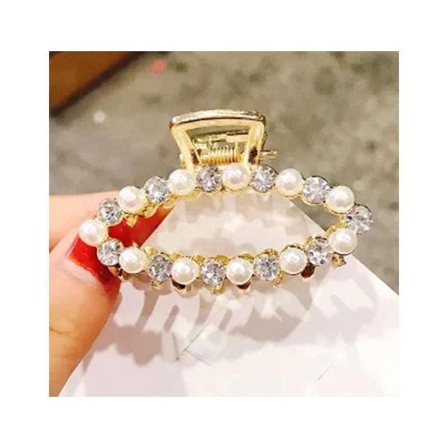 Gouden haarklem parel/strass ovaal