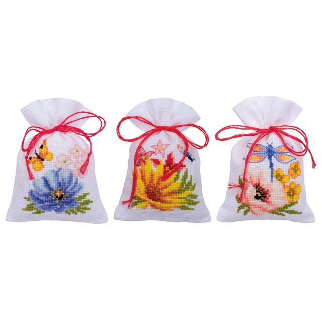 Kruissteek borduurpakket Kruidenzakje kit Kleurige bloemen set van 3 VERACHTERT pn-0185083